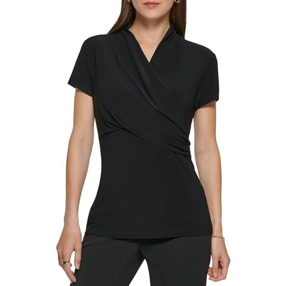 Dkny Tops - DKNY Women’s Short Sleeve Ruched Blouse Top Surplice Neck Black PS